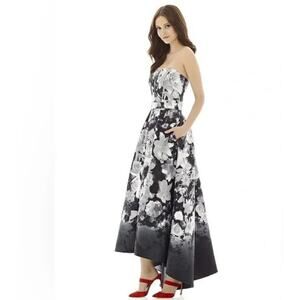 Alfred Sung High Low Bohemian Floral Print Strapless Gown Bridesmaid Size 0